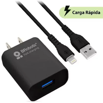 CARGADOR USB BROBOTIX CARGA RÁPIDA COMBO Y CABLE CABLE USB - LIGHTNING NEGRO