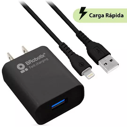 CARGADOR USB BROBOTIX CARGA RÁPIDA COMBO Y CABLE CABLE USB - LIGHTNING NEGRO