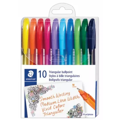 BOLIGRAFO TRIANGULAR STAEDTLER PUNTO MEDIO COLORES SURTIDOS, EMPAQUE CON 10 PIEZAS