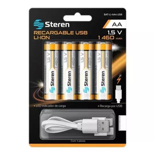 BATERÍAS RECARGABLES STEREN PAQUETE CON 4 BATERIAS USB LI-ION TIPO AA Y CARGADOR
