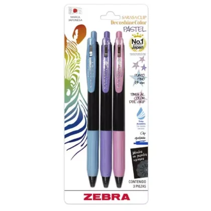 BOLIGRAFO ZEBRA GEL SARASA DECOSHINE, PUNTO 0.5, COLORES PASTEL PAQUETE CON 3 PIEZAS