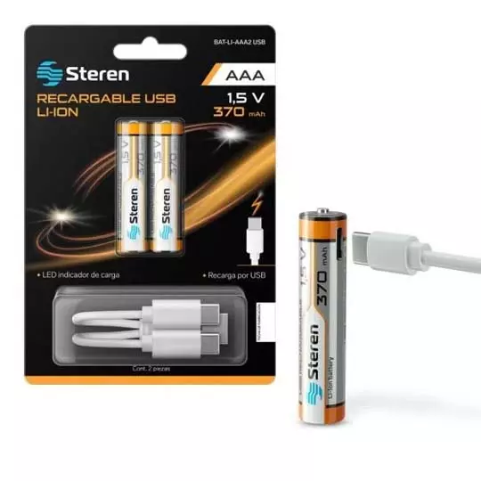 BATERÍAS RECARGABLES STEREN PAQUETE CON 2 BATERIAS USB LI-ION TIPO AAA Y CARGADOR