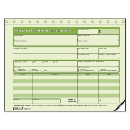 BLOCK TRANSFERENCIA BANCARIA CON PAPEL CARBON PRINTAFORM 1017CI CON 20 JUEGOS