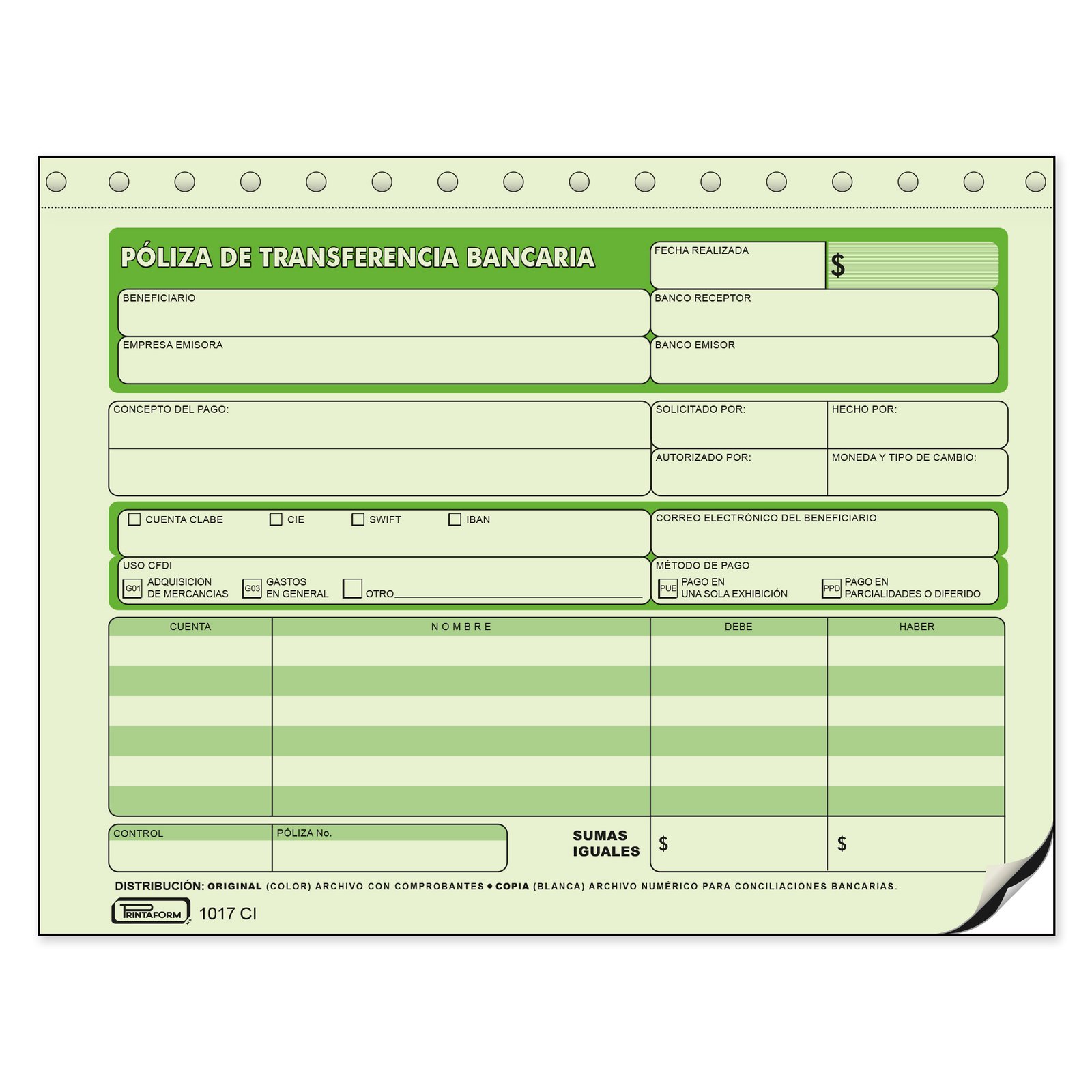 BLOCK TRANSFERENCIA BANCARIA CON PAPEL CARBON PRINTAFORM 1017CI CON 20 JUEGOS